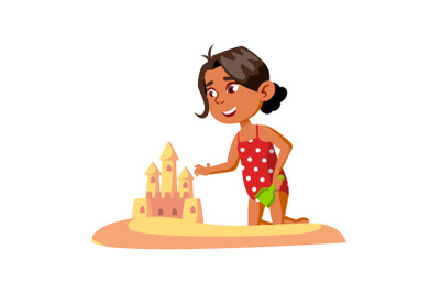 Girl Building Sandy Castle On Beach Seaside Vector