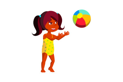 Girl Kid Playing With Ball On Sand Beach Vector