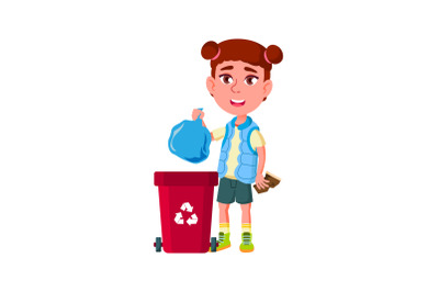 Girl Kid Throwing Rubbish Bag In Trash Can Vector