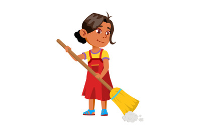 Girl Child Sweeping House Floor With Broom Vector