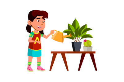 Girl Child Watering Domestic Plant In Pot Vector