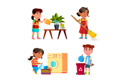 Girls Kids Cleaning And Doing Housework Set Vector