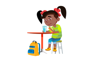 Girl Child Eating Breakfast In Kitchen Vector