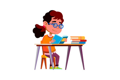 Girl Child Reading Education Book At Table Vector