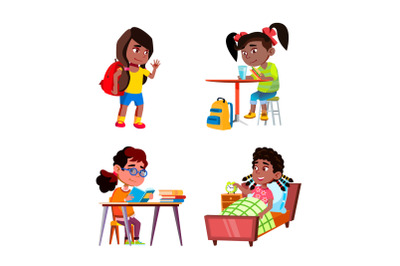 Kids Girls Daily Routine Activities Set Vector