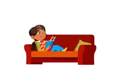 Girl Kid Laying On Couch And Reading Book Vector