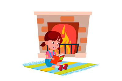 Girl Sit Near Fireplace And Reading Book Vector