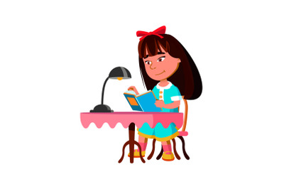 Girl Sitting At Table And Reading Book Vector