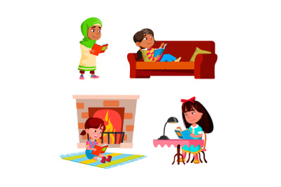 Girls Kids Reading Educational Books Set Vector