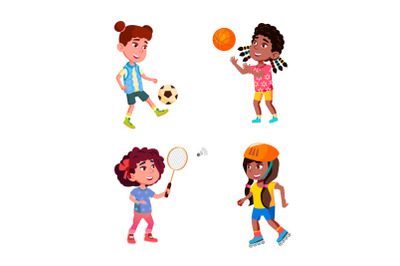 Girls Children Playing Sportive Game Set Vector