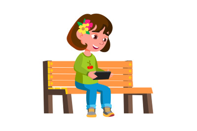 Girl Child Playing Video Game On Smartphone Vector