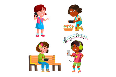 Girls Kids Using Smartphone Gadget Set Vector