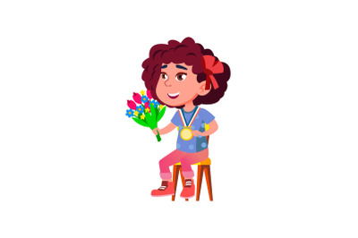 Girl Kid Winner With Medal And Flowers Vector