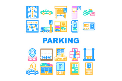 Parking Transport Collection Icons Set Vector