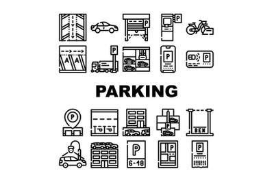 Parking Transport Collection Icons Set Vector