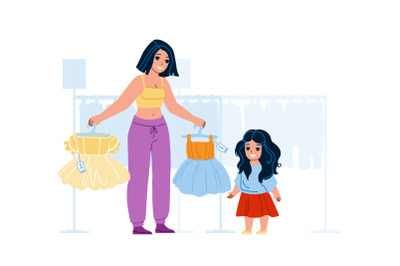 Girl Kid Shopping And Choose Dress In Store Vector