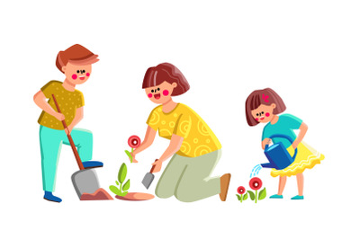 Mother With Son And Daughter Plant Flowers Vector