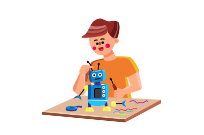 Child Building Or Repairing Mechanic Robot Vector