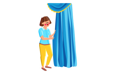 Woman Standing Near Beautiful Curtains Vector