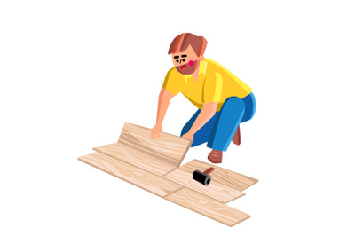 Floor Worker Lay Wooden Panel Of Laminate Vector