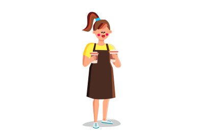 Girl Barista Holding Prepared Coffee Cups Vector