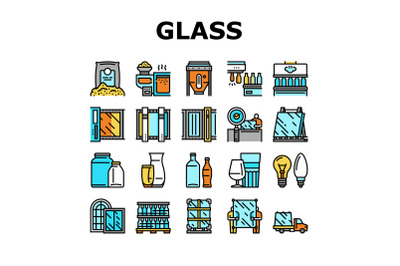 Glass Production Plant Collection Icons Set Vector