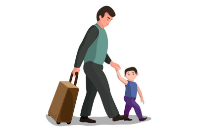 Father child migrant icon, cartoon style