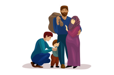 Migrant family escape icon, cartoon style