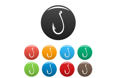 Type of fish hook icons set color