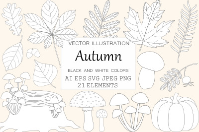 Autumn black and white coloring. Autumn vector. Autumn SVG