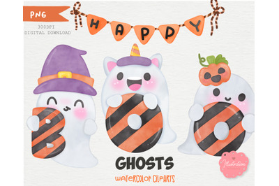 Ghost Watercolor halloween Kawaii doodle Character clipart