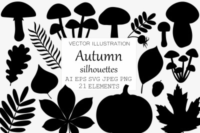 Autumn silhouettes. Leaves silhouettes. Mushrooms silhouette