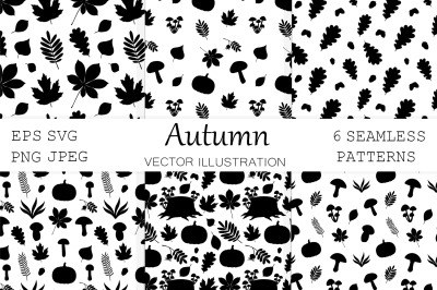 Autumn silhouette pattern. Leaves pattern. Mushrooms pattern
