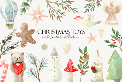 Watercolor Christmas Toys Collection. Cliparts and Patterns