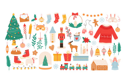 Christmas stickers. Winter holiday decorations&2C; xmas tree&2C; gift boxes&2C;