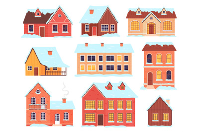 Winter houses. Village, town and rural cottages with snow caps and dri