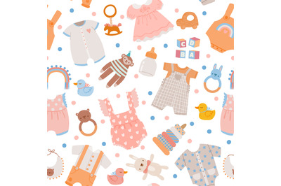 Baby shower seamless pattern. Cute newborn clothes, toys and accessory