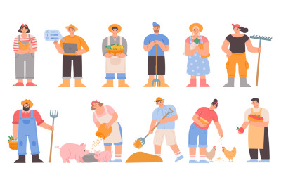 Cartoon farmers. Agricultural workers hold vegetables and farming tool