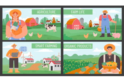 Farm banners. Posters with countryside agriculture landscape and farme