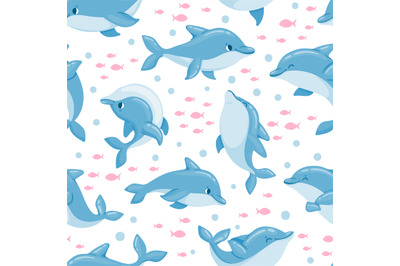 Cartoon dolphin seamless pattern. Cute baby marine print with ocean an