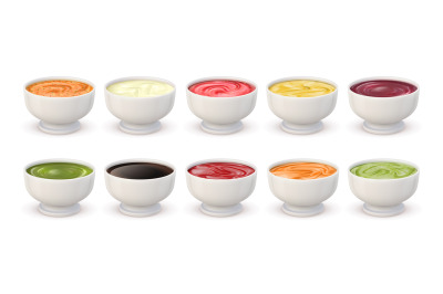 Dip sauces top view. Bowls with mayonnaise, tomato ketchup, mustard, p