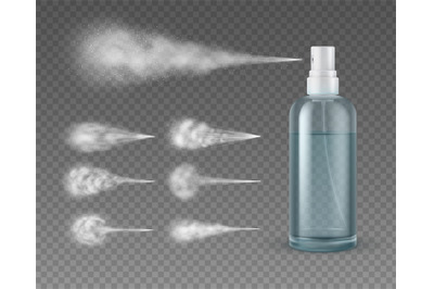 Realistic spray bottle with jet. Cosmetic plastic water aerosol sprayi