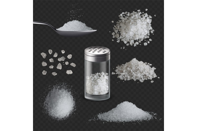 Realistic salt. 3d white salty powder spice in spoon. Sea edible rock