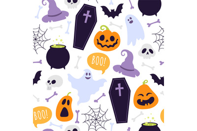 Halloween seamless pattern. Cartoon scary ghosts, orange pumpkins, bon