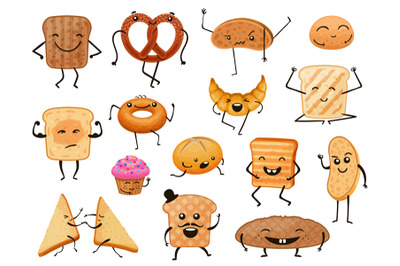 Bread characters. Funny cartoon bakery products, loaves, toasts and sw