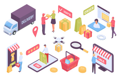 Isometric E-commerce. Customers shopping in online store and paying wi