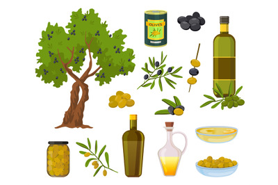 Cartoon olive products. Black and green olives in jars, healthy virgin