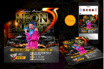 Neon Light Party Event Flyer Canva Template