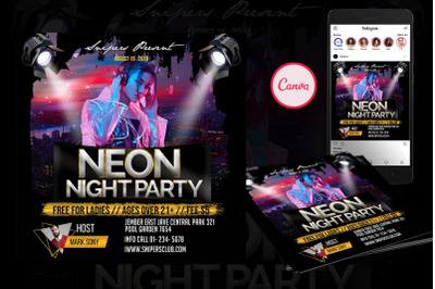 Neon Night Party Event Flyer Canva Template