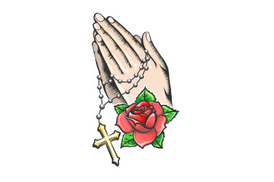 Praying Hands with Chain and Big Cross Tattoo